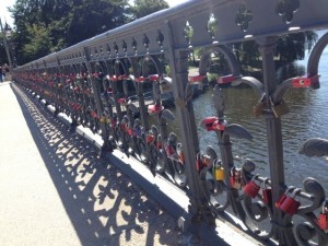 Locks on the bridge at the end of the Außeralster.  Couples enscribe their names on the lock and put it here.