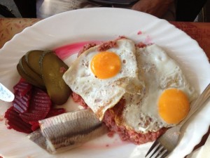 Labskaus - traditional Hamburger dish of minced salted beef mixed with minced salted fish and pickled beets topped with fried egg (Mum had this!)