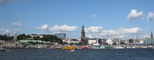 Hamburg harbour view from the Steinwerder side of the Elbe river.