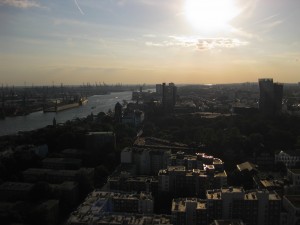 The Elbe river and shipyards to the west.