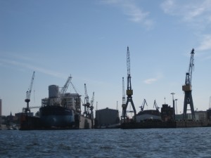 Cargo ship in drydock 