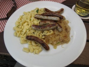 Sausage, sauerkraut, and spätzle