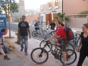 Picking up our mountain bikes in the morning.  The guy in the black tshirt is our local guide Hicham who owned the store.