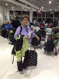 Mum at the Dublin Airport - note the new extra rolling case for all the extra stuff we bought.