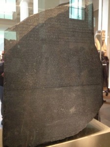 Rosetta stone - used to decipher ancient Egyptian heiroglyphics as it has the same text in heiroglyphics and greek