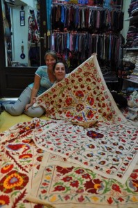 Julia, the shop owner, and I looking over the many choices of beautiful embroidery