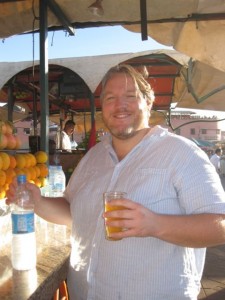 Enjoying fresh squeezed orange juice in Marrakech main square.