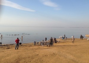 The lovely sandy beach at the Dead Sea - no rocks to torture our feet like in Israel