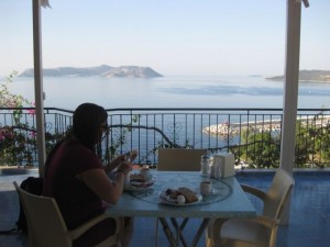 The view from our hotel roof top terrace.  The large island belongs to Greece.