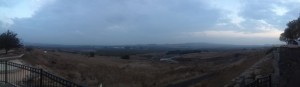 The Syrian border across the valley with the white buildings of the UN observation force in the middle.