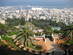 Terraces of the Ba'hai gardens looking down to the Bab shrine and Haifa port