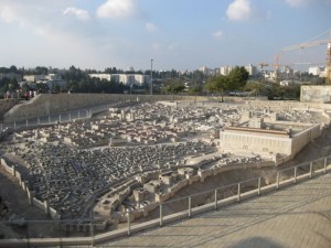 A scale model of the Old City including the Second Temple on the right