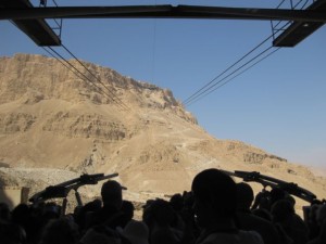 Cable car looking up at the hill top of Massada