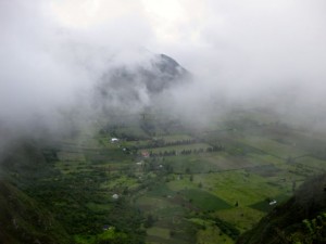 Pululahua volcano crater - covered in clouds