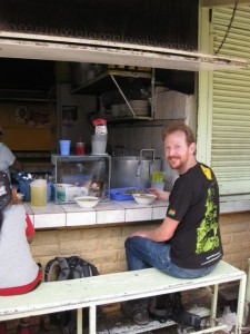 Florian tucked up at the market food stall