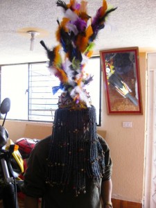 Fancy feather beaded hat worn by men for dancing