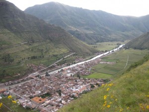 Looking down to the modern town of Pisac sitting on the Urubamba river through the Sacred Valley